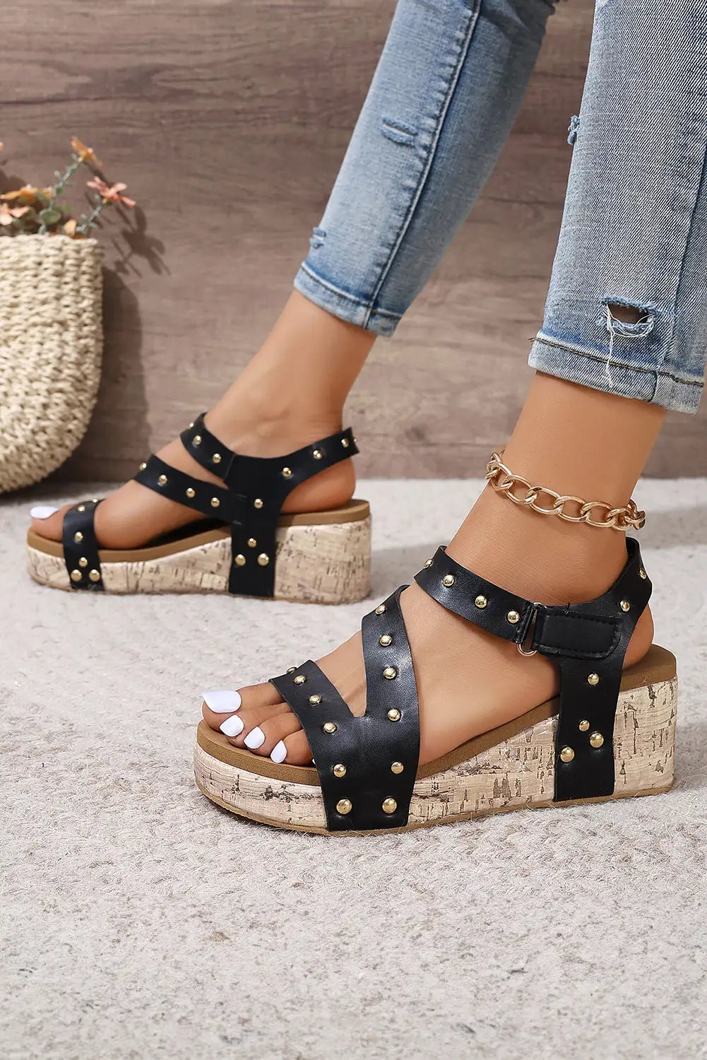 Stylish Black Rivet Hollow Out Wedge Sandals