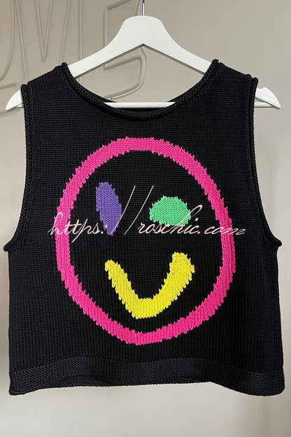 Always Happy Face Knit Unique Pattern Versatile Loose Tank Top