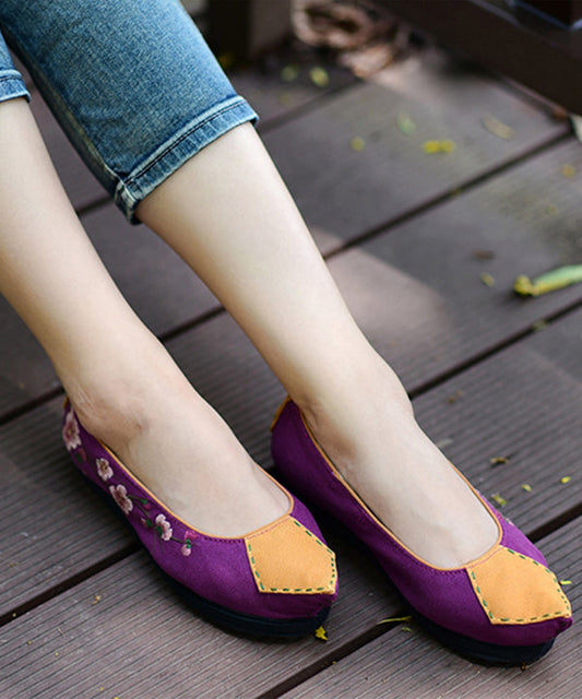 Pointed Toe Flat Shoes for Black Cotton Fabric Embroidered Splicing Flats
