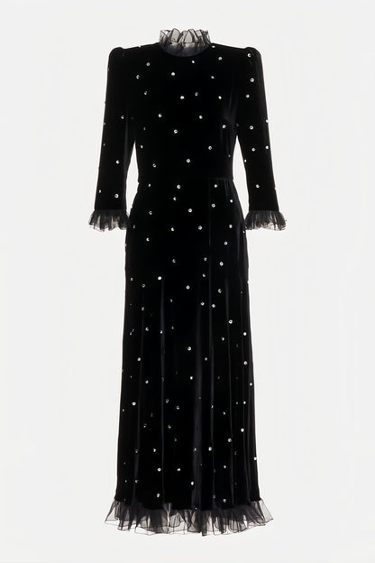 Jolie Diamante Ruffle Velvet Maxi Dress