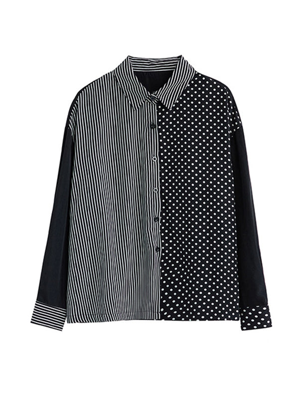 Loose Oversize Striped Polka-dot Split-joint Blouse Top A-line Skirt Bottom Two Pieces Set