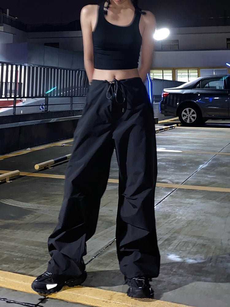 Summer Baggy Wide Leg Sweatpants Black Loose Drawstring High Waist Cargo Pants Hippie Joggers Trousers
