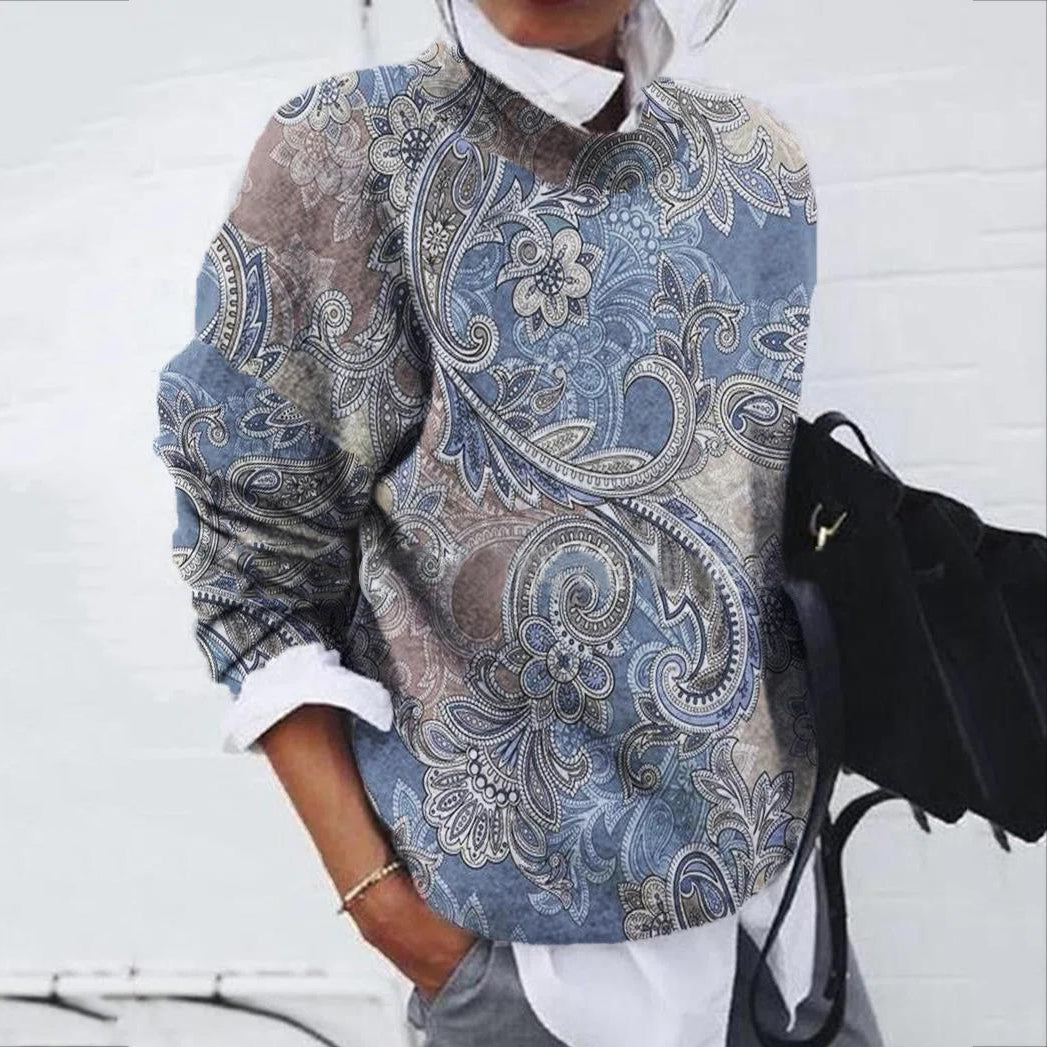 Cashew Flower Petal Print Crew Neck Vintage Sweatshirt elevenforest