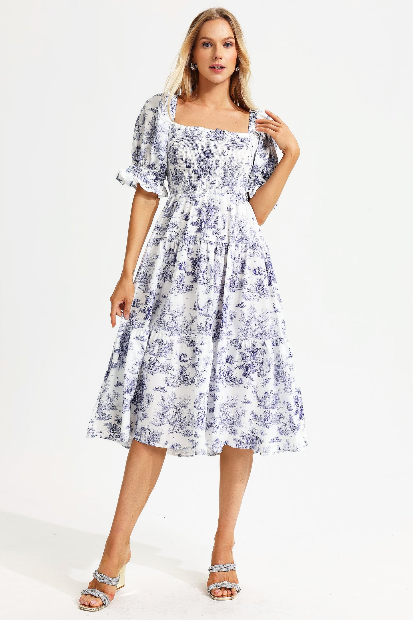 Printed Square Collar Bubble Sleeve Midi Dress