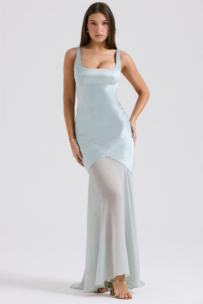 Satin Mesh Sleeveless Maxi Dress