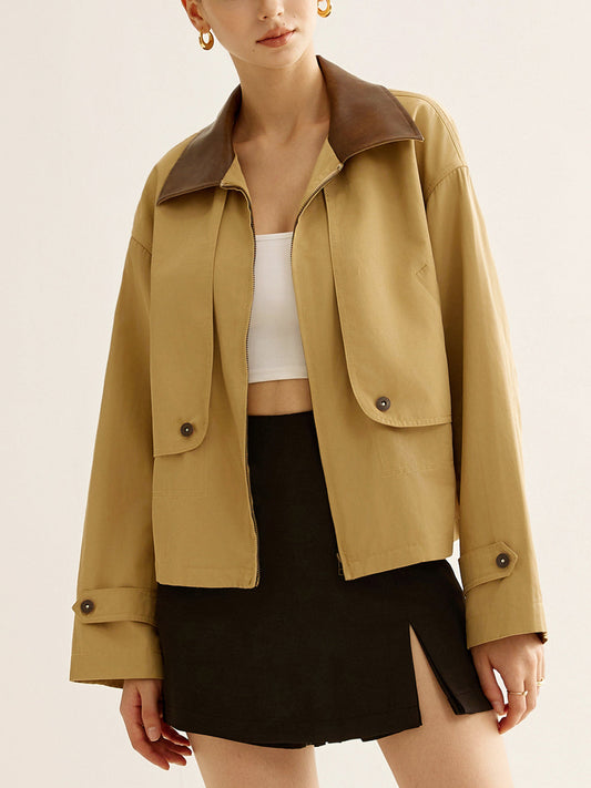 Contrast-collar Zipper Trench Coat