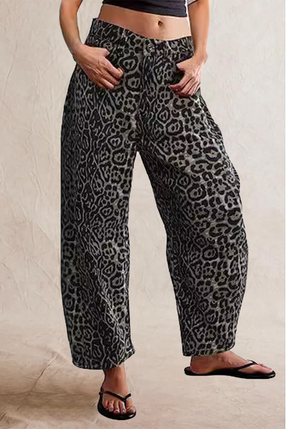Street Leopard Pocket Mid Waist Loose Denim Jeans