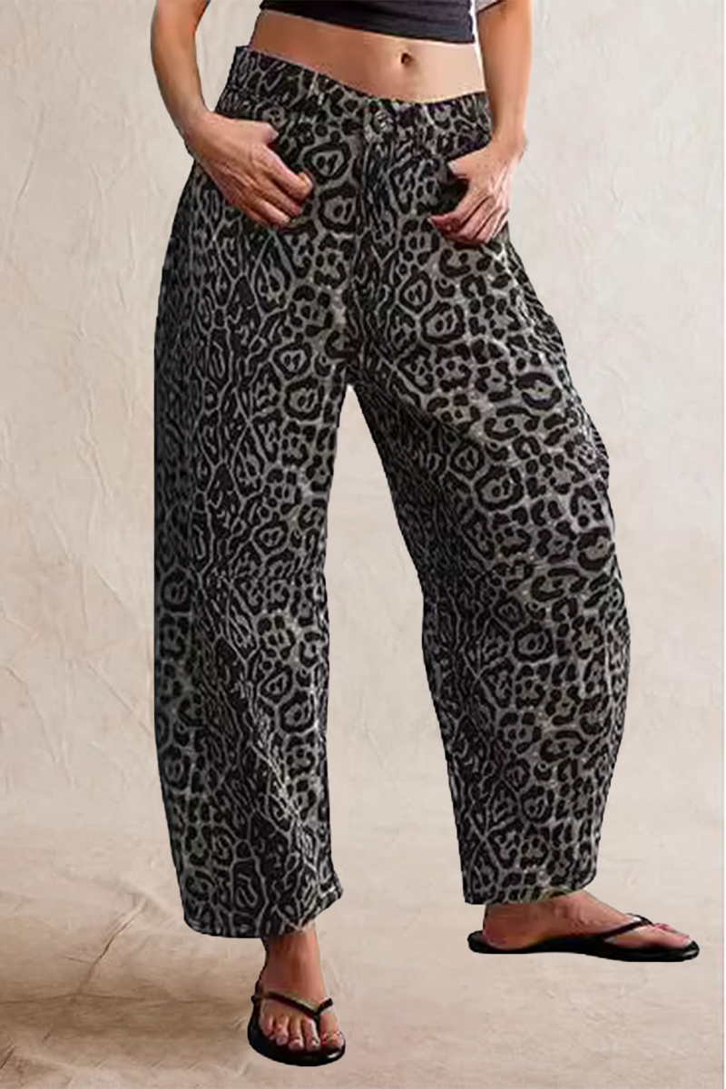 Street Leopard Pocket Mid Waist Loose Denim Jeans
