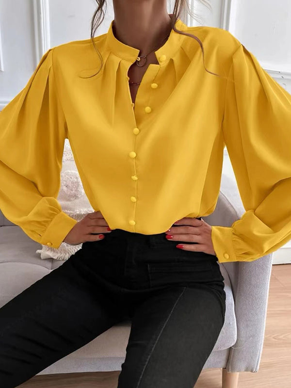 Loose Puff Sleeves Pleated Color Split-joint Stand Collar Blouses