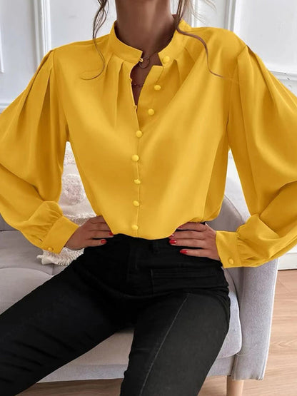 Loose Puff Sleeves Pleated Color Split-joint Stand Collar Blouses