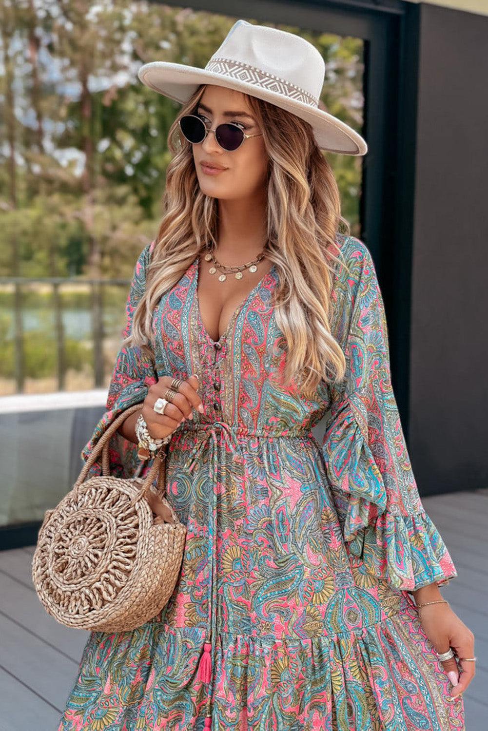 Green Paisley Printed Ruffle Trim Maxi Dress