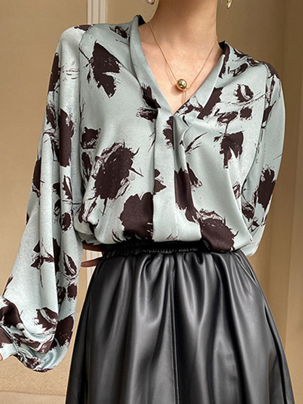 Loose Puff Sleeves Printed V-neck Blouses&shirts Tops