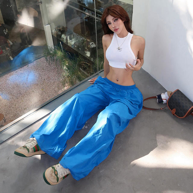 Y2k Summer Hipster Pockets Cargo Color Elastic High Waist Wide Leg Pants Trousers 2000s Street Wear Club