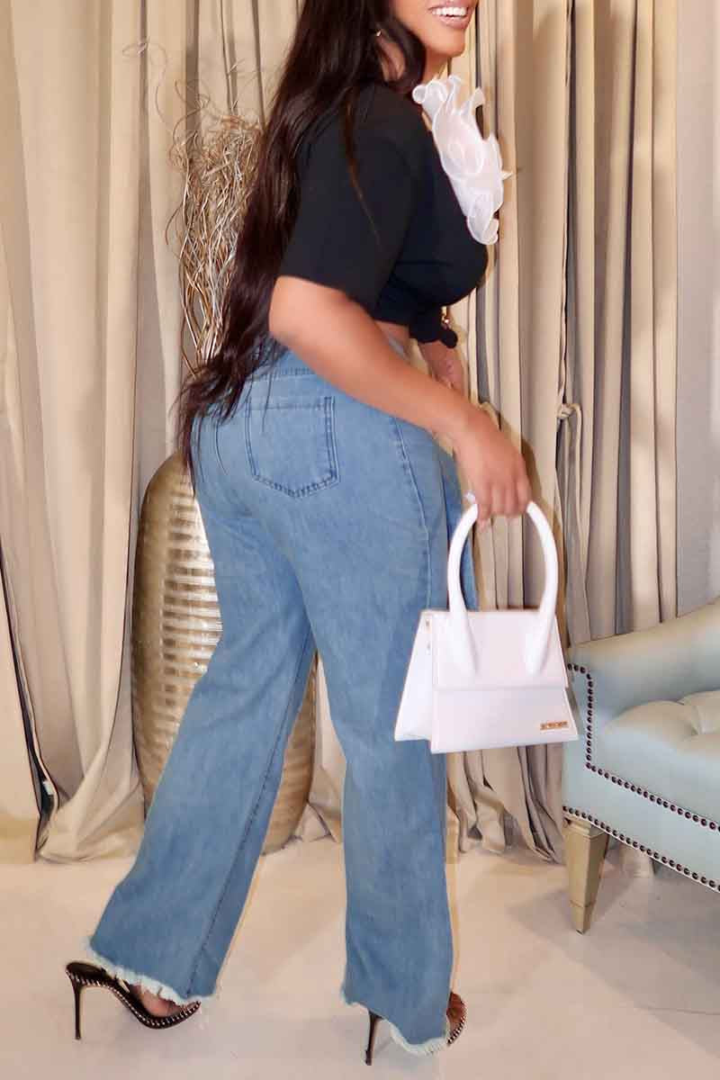 Color Patchwork Mid Waist Straight Denim Jeans