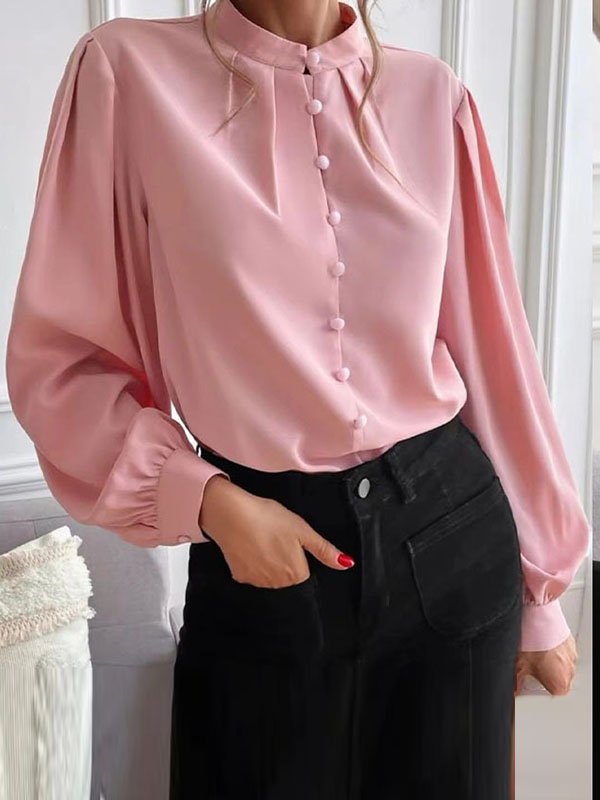 Loose Puff Sleeves Pleated Color Split-joint Stand Collar Blouses
