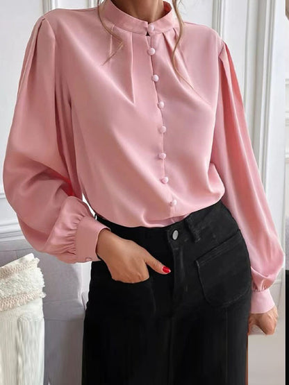 Loose Puff Sleeves Pleated Color Split-joint Stand Collar Blouses