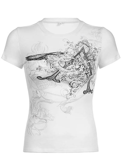 Retro Graphic Crop Top White Short Sleeve O Neck T Shirt for Y2k Aesthetic Basic Tees Clothes