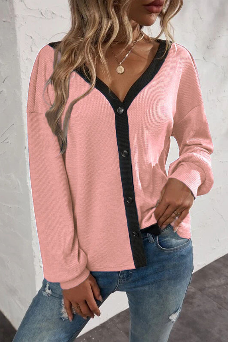 Patchwork Buttons V Neck T-shirts(7 Colors)