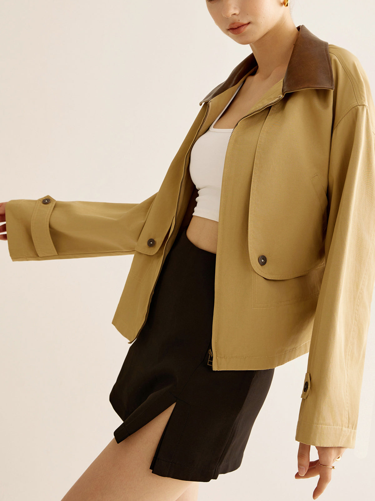 Contrast-collar Zipper Trench Coat