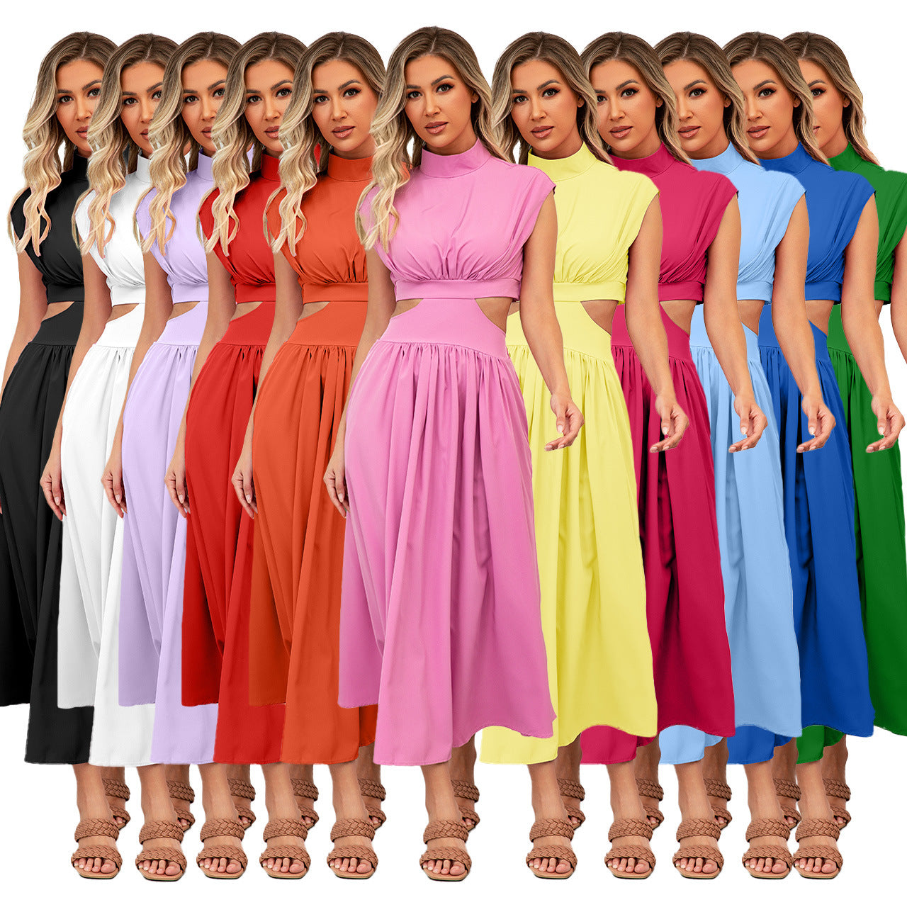 Self Made Real Shot Summer Sweet Stand Collar Macaron Color Cropped Outfit Maxi Dress
