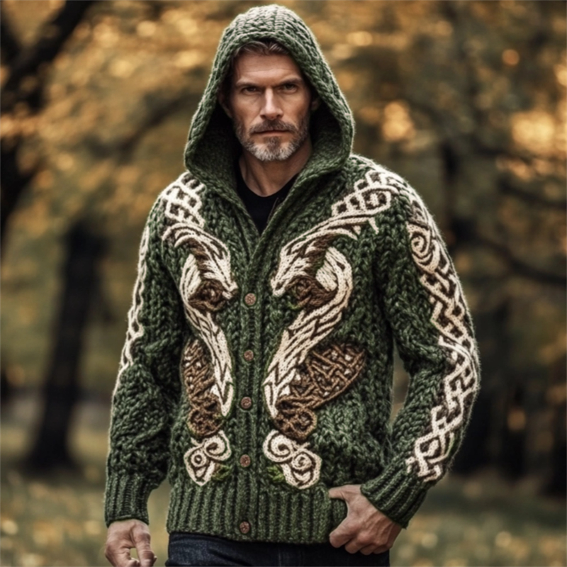 Men's Viking Wolf Celtic Chunky Hooded Cardigan elevenforest