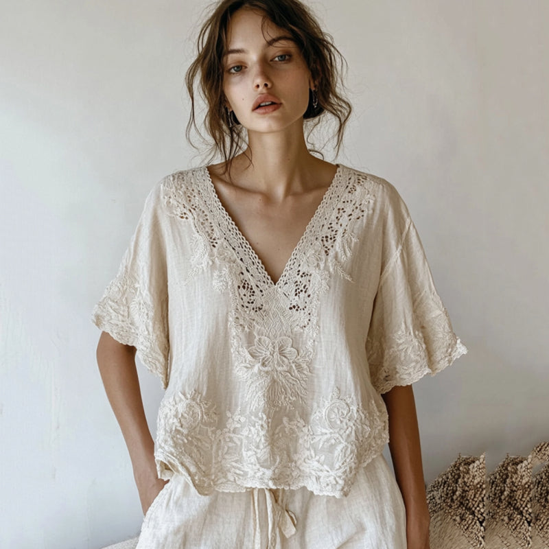 Comstylish Vintage Floral Lace Embroidered Comfy V Neck Shirt