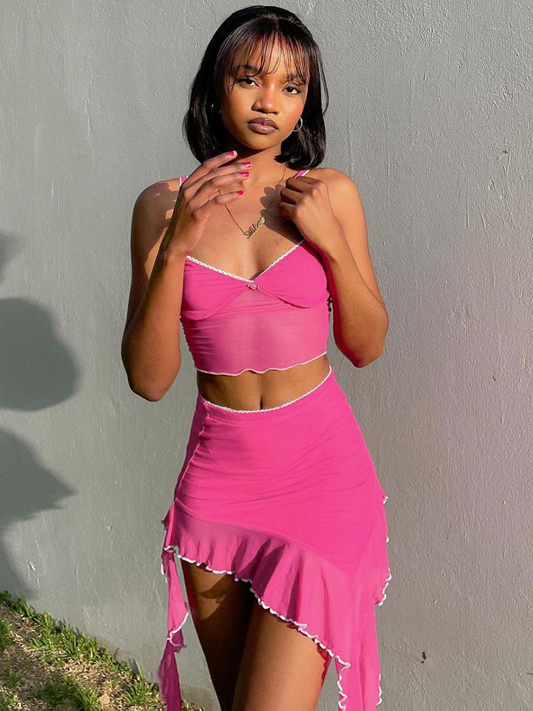 Tossy Ruffled Female 2 Piece-set Mini Dress Mesh See-through Camisole and Skirt Sets Party Looks for Outfits