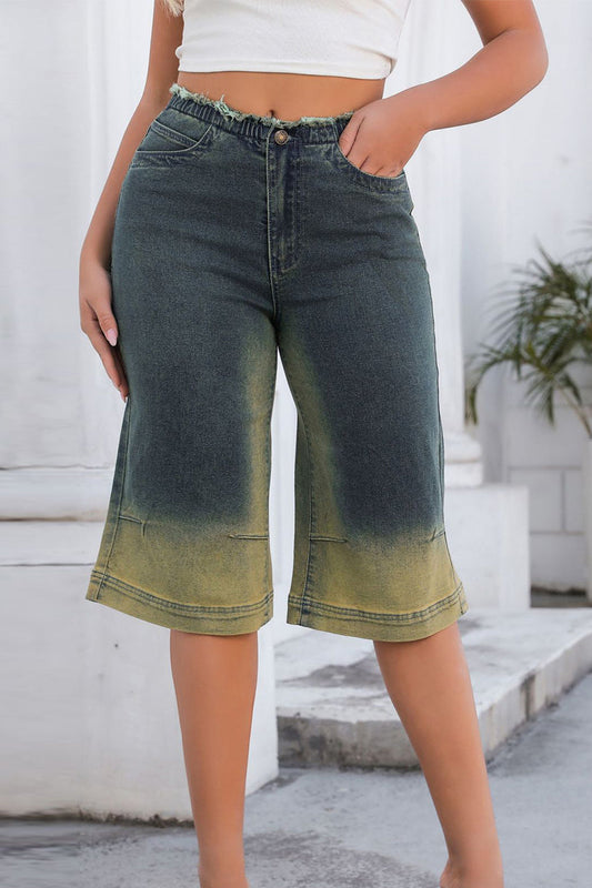 Gradient Make Old Patchwork Pocket Buttons Zipper Mid Waist Loose Denim Shorts