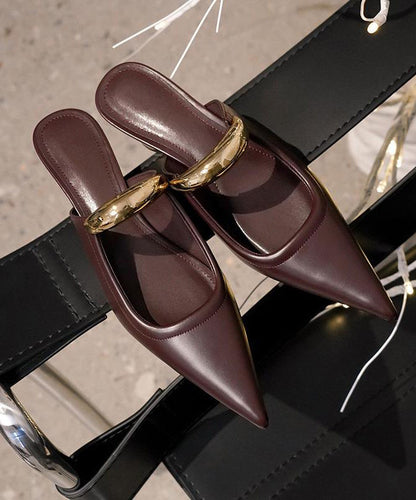 French Chocolate Faux Leather Splicing Slide Sandals Pointed Toe Ap1018