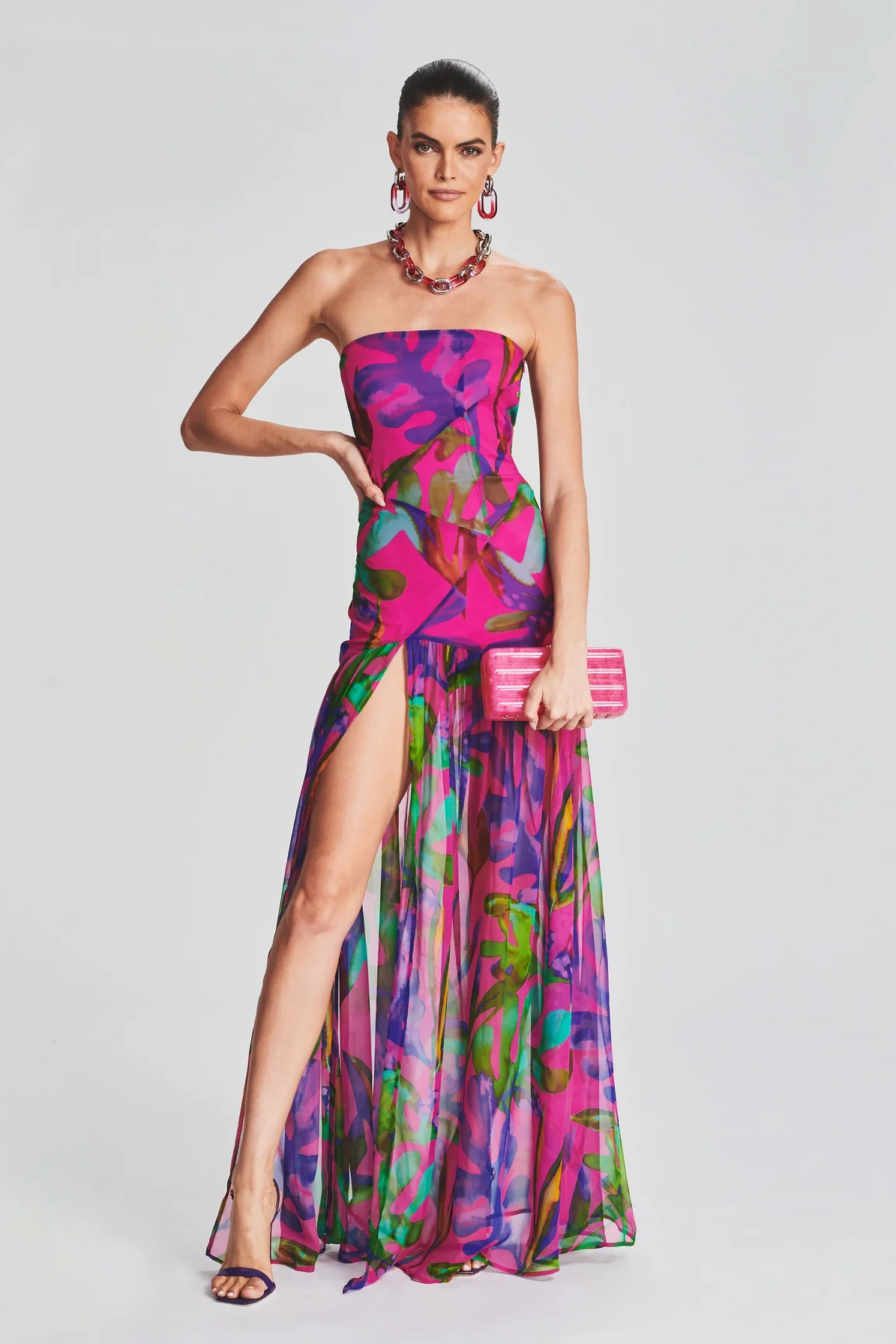 Tube Top Slit Backless Maxi Dress Hot Pink