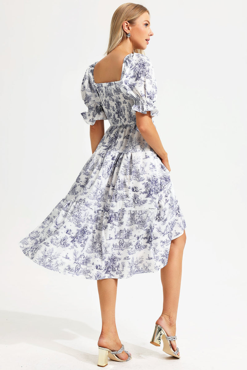 Printed Square Collar Bubble Sleeve Midi Dress