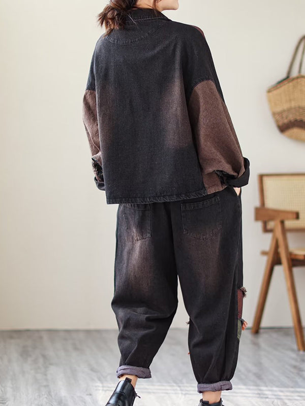 Contrast Color Fringed Split-joint Long Sleeves Printed Outwear + Harem Pants Two Pieces Set