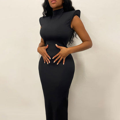 ’s Spring Color Stand Collar Sleeveless Maxi Dress With Back Hollow Out Cutout Design