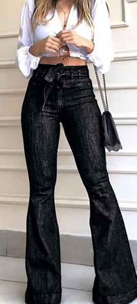 High Waist Micro Elastic Lace-up Bell-bottom Pants Wide Leg Pants Jeans