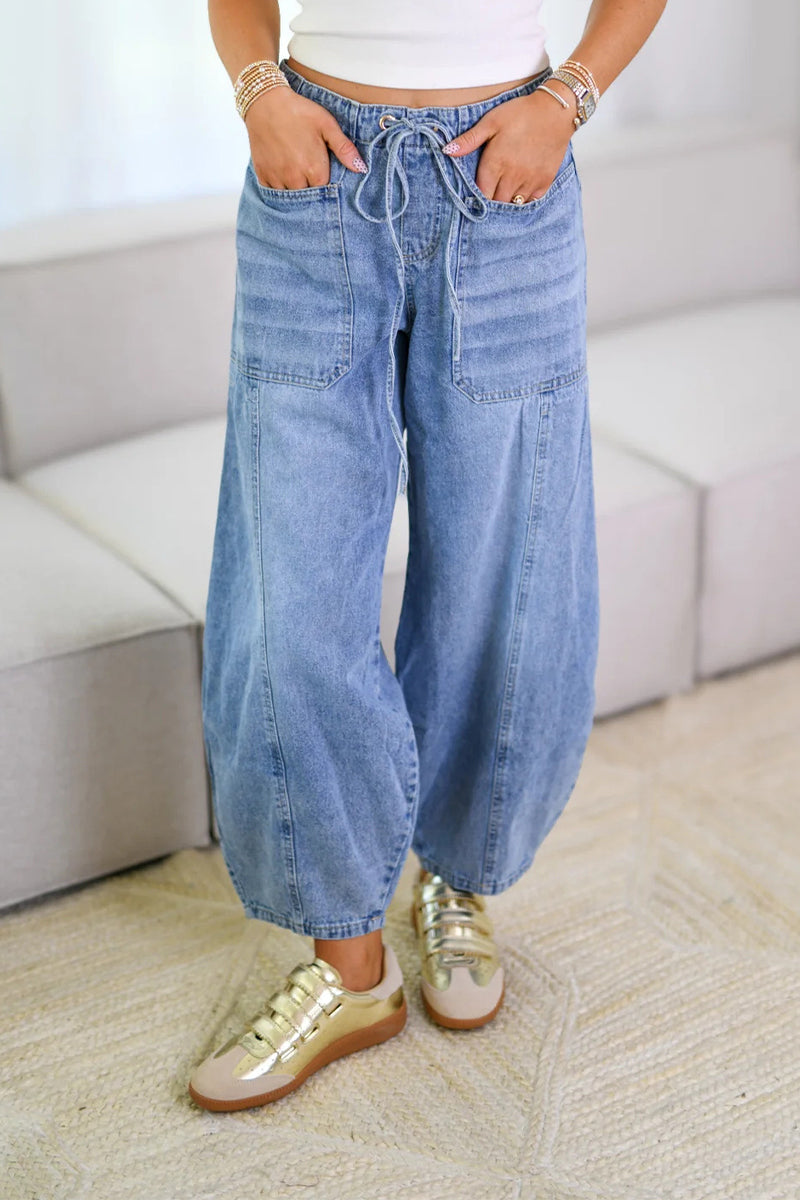 Street Color Draw String Pocket Mid Waist Loose Denim Jeans
