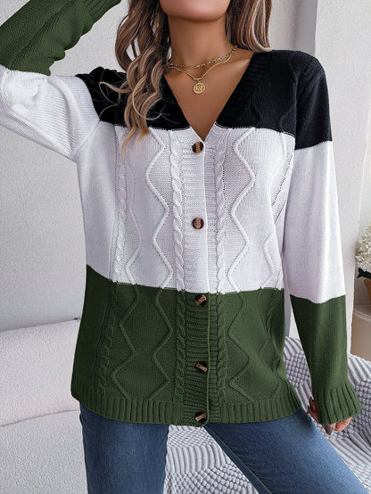 Autumn Winter Contrast Color Button Long Sleeve Sweater Cardigan Coat Clothing