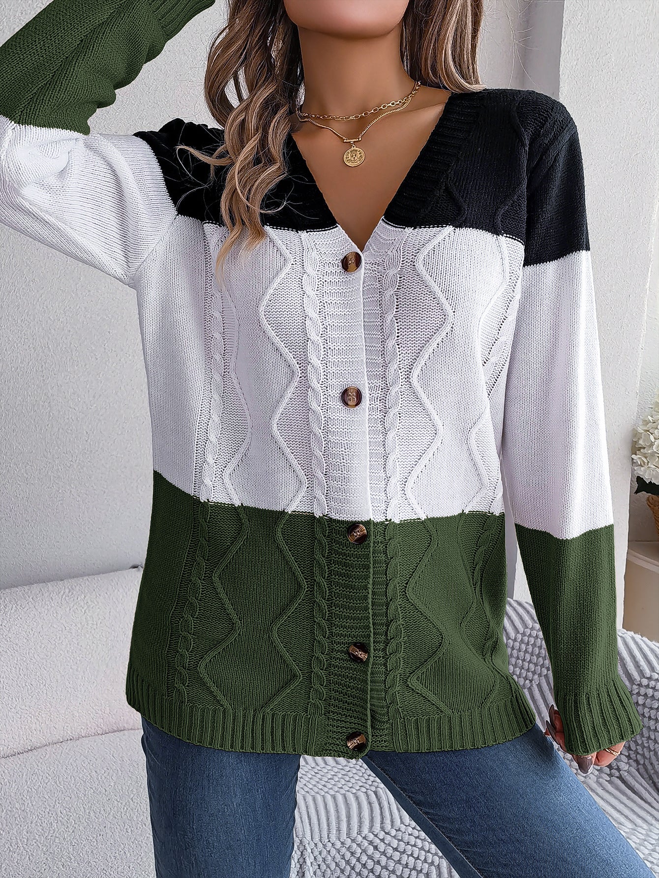 Autumn Winter Contrast Color Button Long Sleeve Sweater Cardigan Coat Clothing
