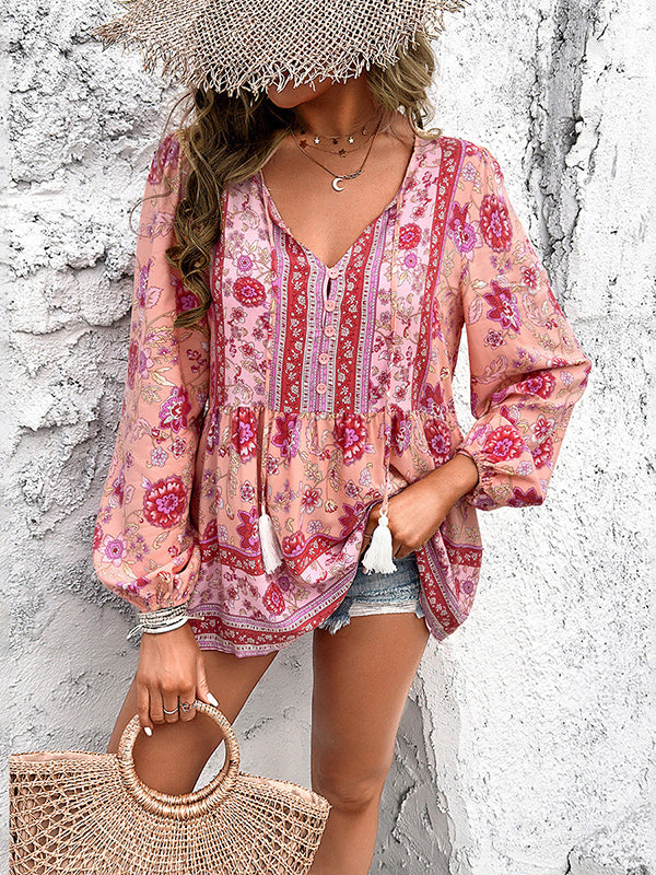Long Sleeves Loose Buttoned Elasticity Flower Print Split-joint Tasseled V-neck Blouses&shirts Tops