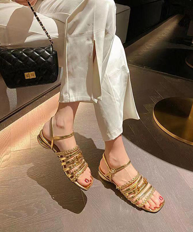 Unique Splicing Sandals Peep Toe Gold Sheepskin Hollow Out Oi029