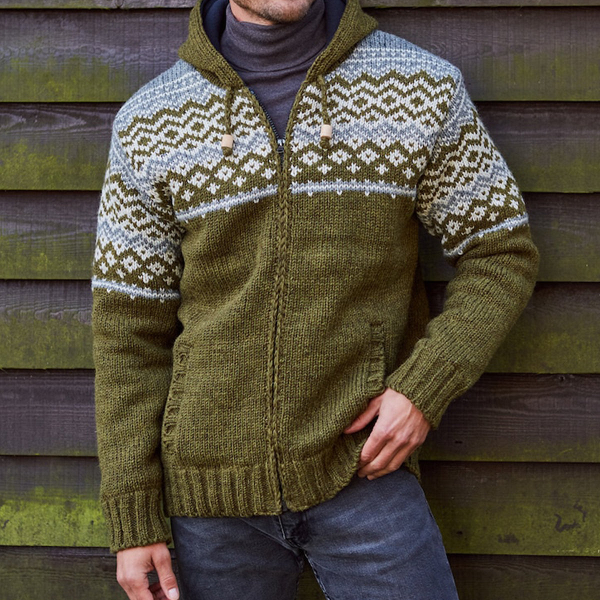Mens Vintage Fair Isle Knitted Hooded Cardigan elevenforest