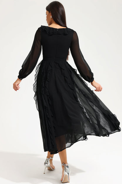 Long Sleeve V-neck Ruffle Midi Dress Black