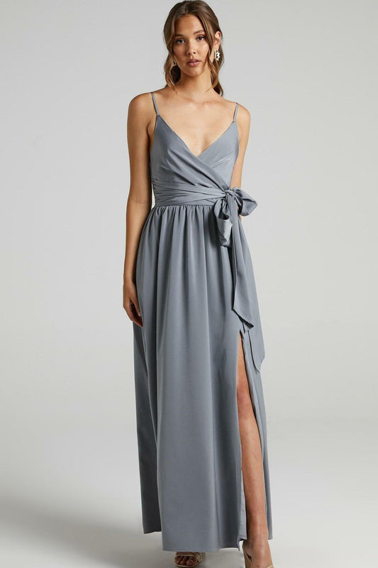 Cami V-neck Wrapover Pleated Lace Up Slit Maxi Dress Grey