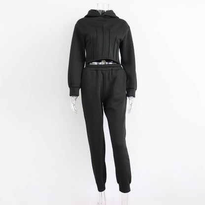 Hoodie Set Fall Winter Cinched Hoodie Sweater Jogger Pants Two Piece Set