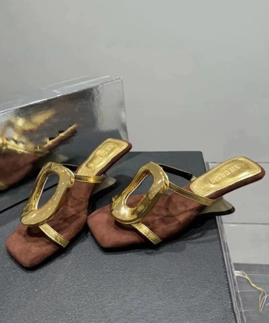 French Splicing Wedge Heels Gold Faux Leather Slide Sandals Oi069