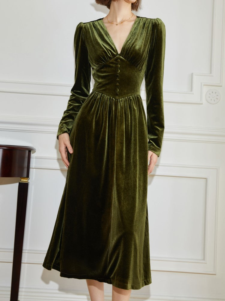 ’s Velvet Midi Dress Long Sleeve A-line French Party Dress Autumn Spring Prom Robe Vestidos Mujer New