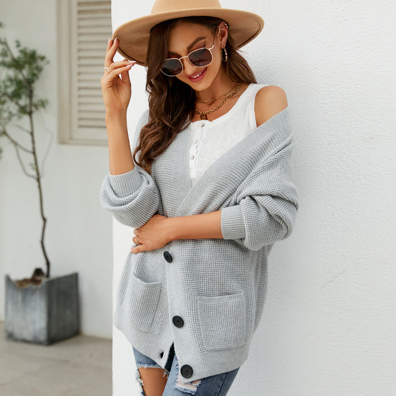 Autumn Winter Loose Color Knitted Cardigan Outer Wear V Neck Sweater Cardigan Coat