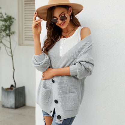 Autumn Winter Loose Color Knitted Cardigan Outer Wear V Neck Sweater Cardigan Coat