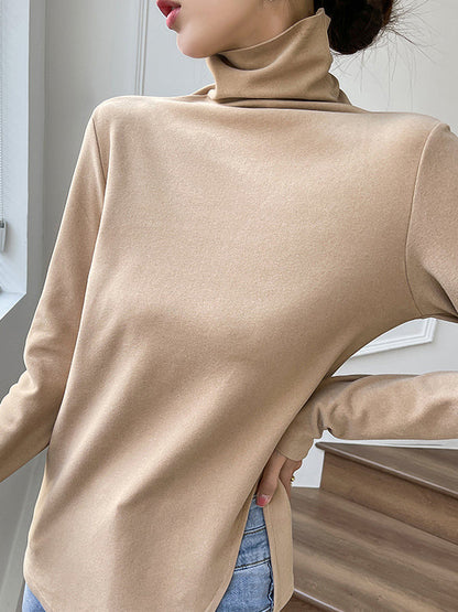 Skinny Long Sleeves Split-side Color High-neck T-shirts Tops