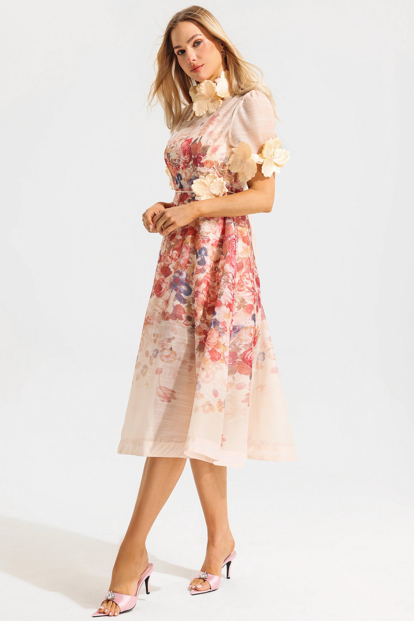 Round Neck Lace Up Short Sleeve Midi Dress