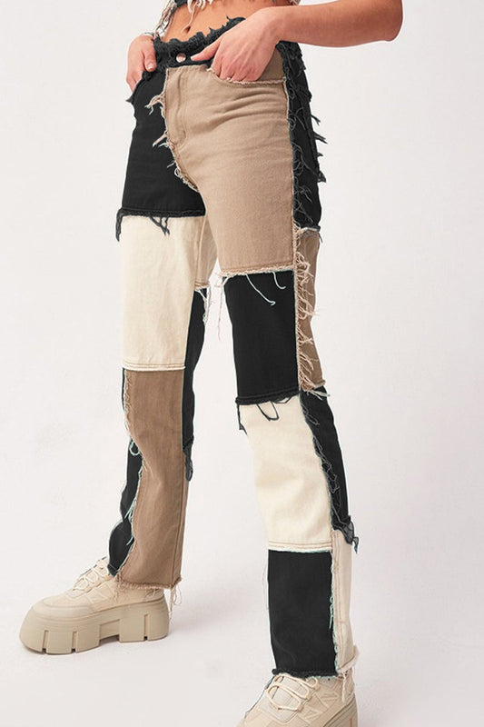 Color Block Patch Contrast Mid Waist Regular Denim Jeans(6 Colors)